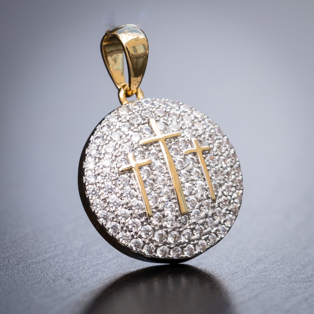Iced Yellow Gold Three Cross Pendant Necklace
